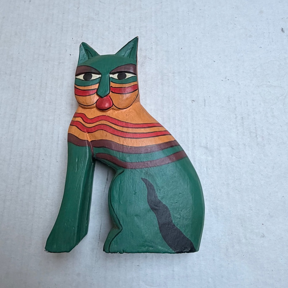 Vintage Folk Art Wooden Cat Figurine Hand Painted Wood Decor Cat Lady Gift